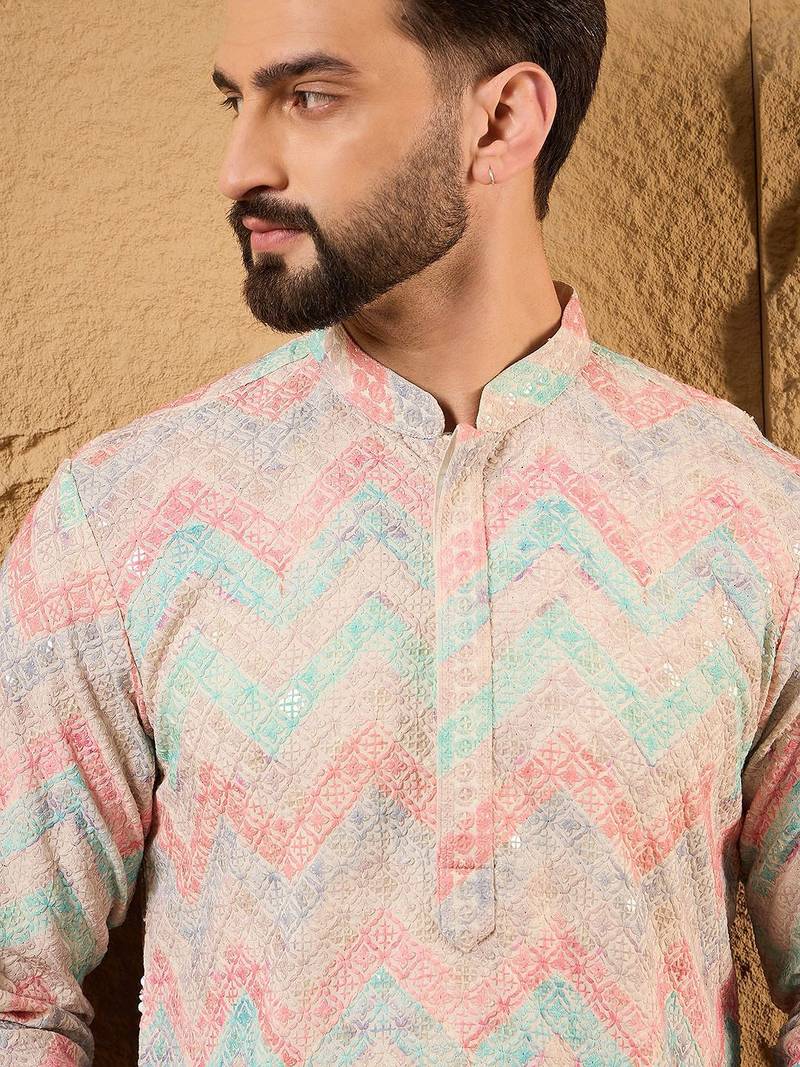 Men multicolour viscose rayon geometric embroidered straight kurta with pant set