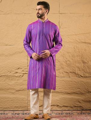 Men purple pure cotton solid embroidered straight kurta with trouser 1