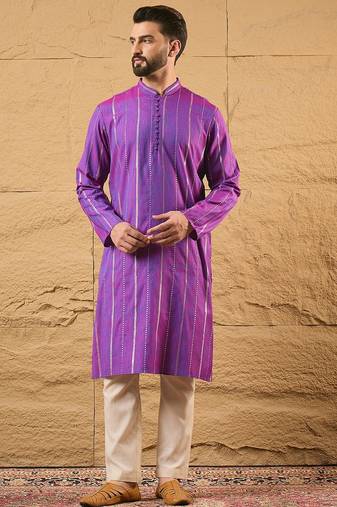 Men purple pure cotton solid embroidered straight kurta with trouser
