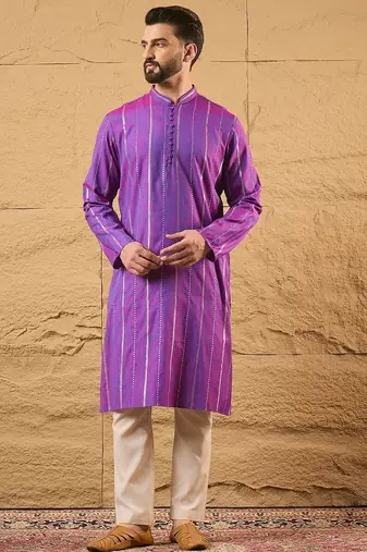 Men purple pure cotton solid embroidered straight kurta with trouser