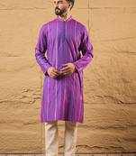 Men purple pure cotton solid embroidered straight kurta with trouser