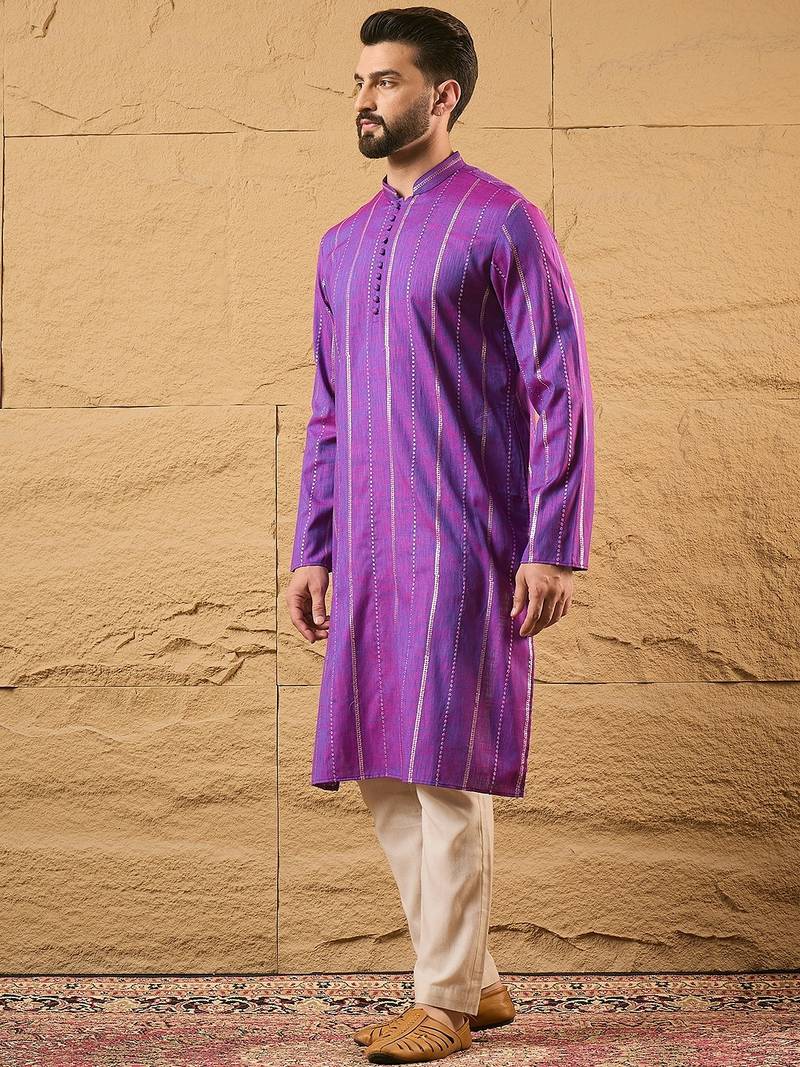 Men purple pure cotton solid embroidered straight kurta with trouser
