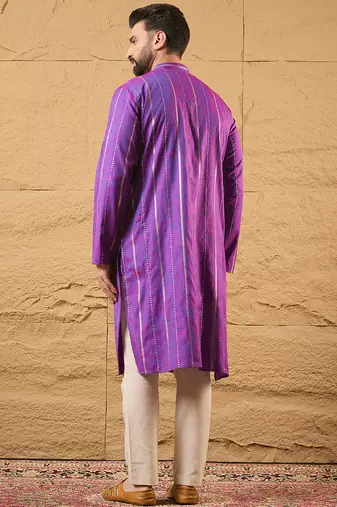 Men purple pure cotton solid embroidered straight kurta with trouser