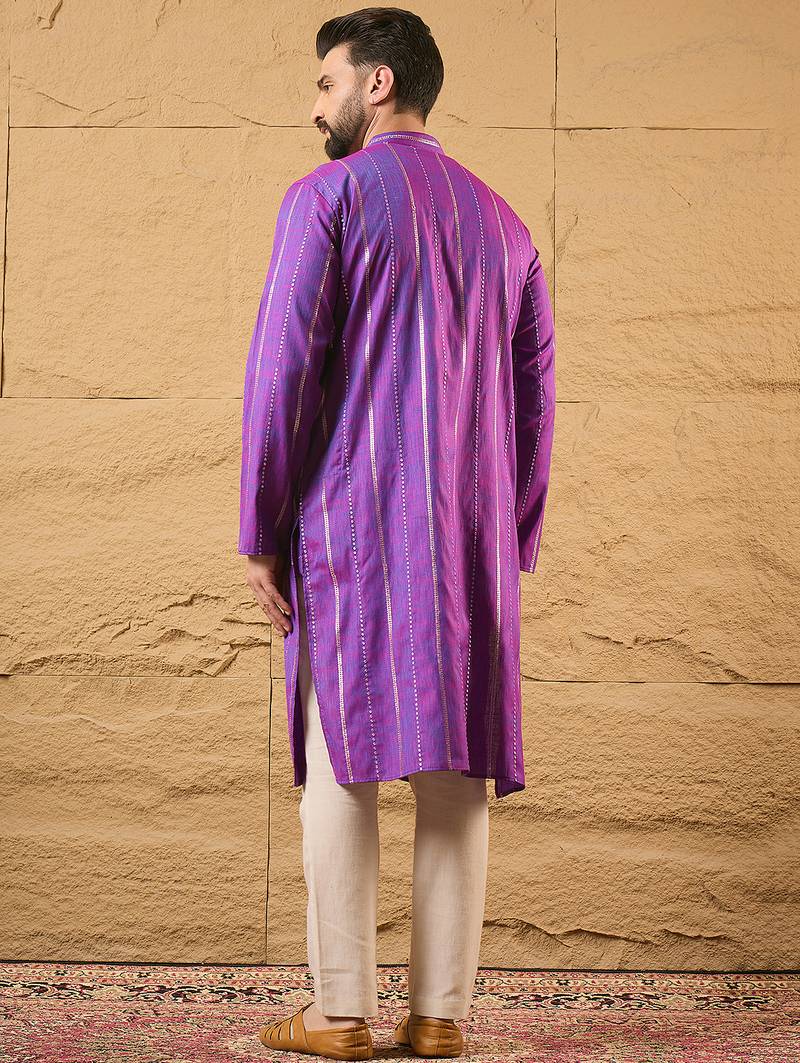 Men purple pure cotton solid embroidered straight kurta with trouser