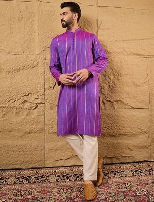 Men purple pure cotton solid embroidered straight kurta with trouser 5