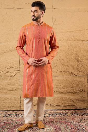 Men orange pure cotton solid embroidered straight kurta with trouser