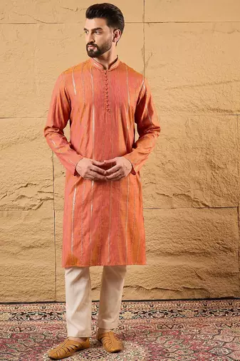 Men orange pure cotton solid embroidered straight kurta with trouser