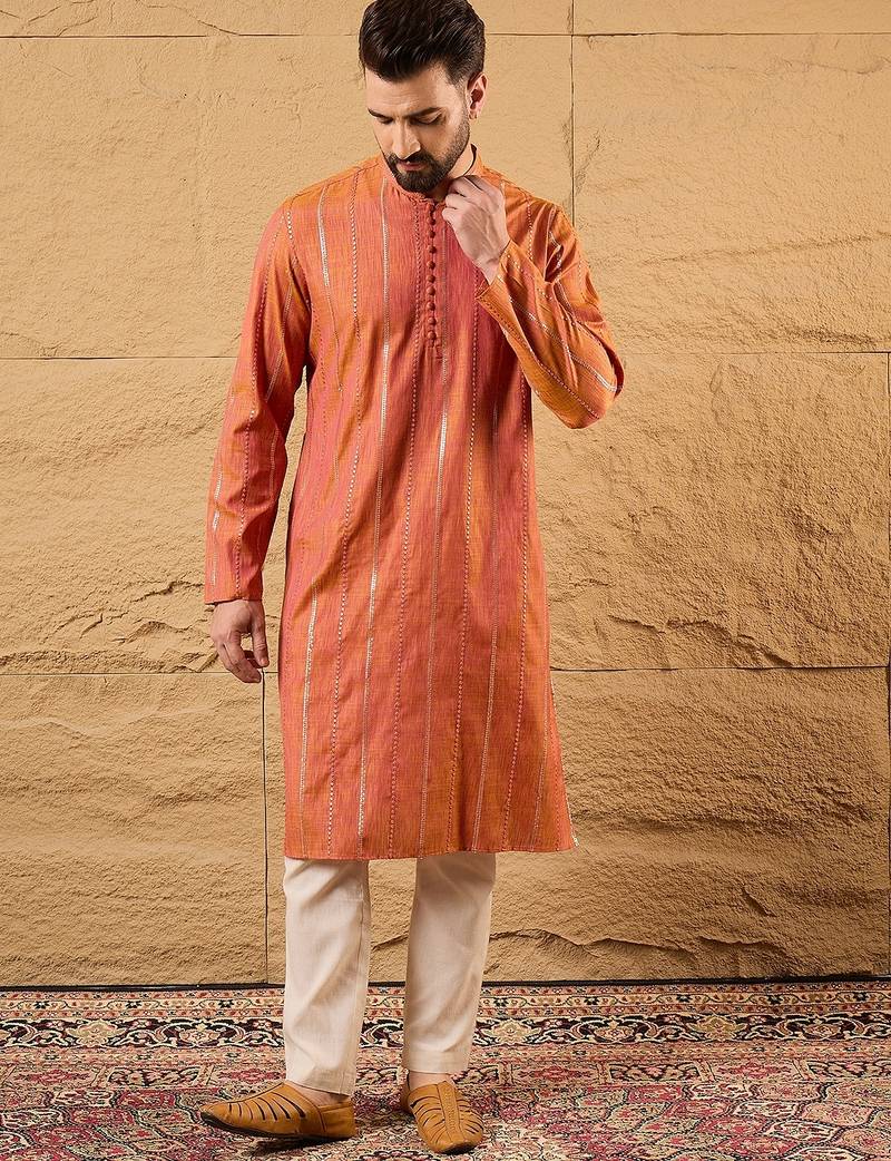 Men orange pure cotton solid embroidered straight kurta with trouser