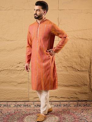 Men orange pure cotton solid embroidered straight kurta with trouser 3