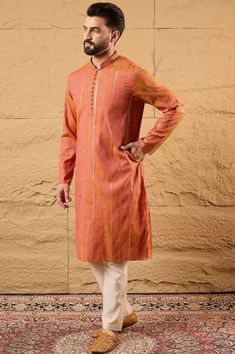 Men orange pure cotton solid embroidered straight kurta with trouser