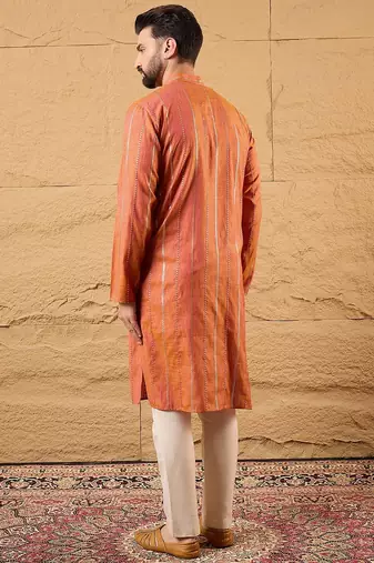 Men orange pure cotton solid embroidered straight kurta with trouser