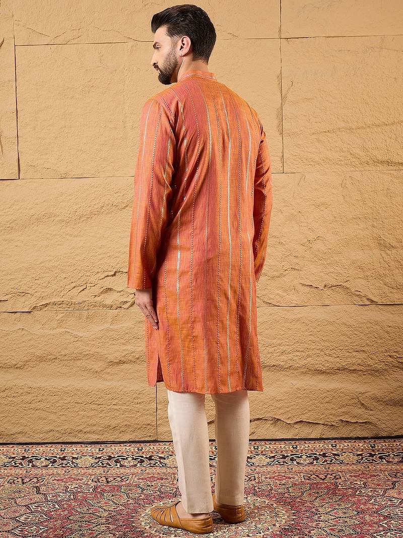 Men orange pure cotton solid embroidered straight kurta with trouser