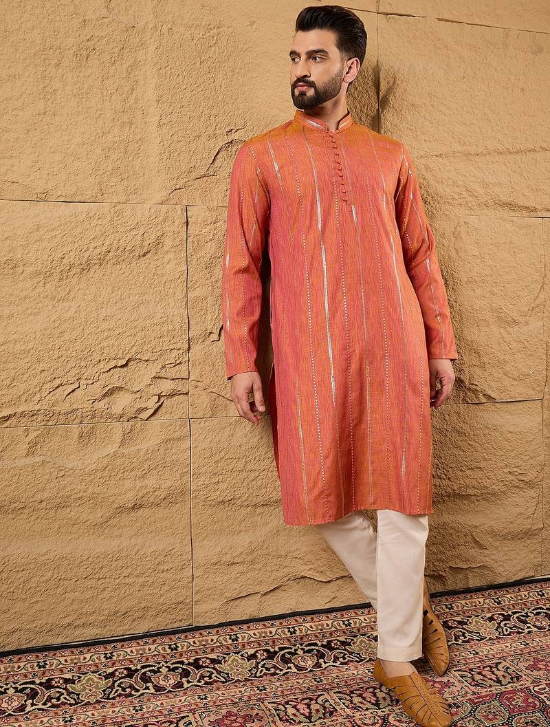 Men orange pure cotton solid embroidered straight kurta with trouser