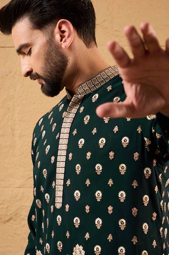 Men green georgette solid embroidered straight kurta with trouser