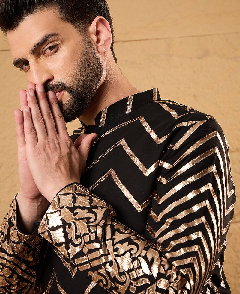 Men black georgette solid embroidered straight kurta with trouser