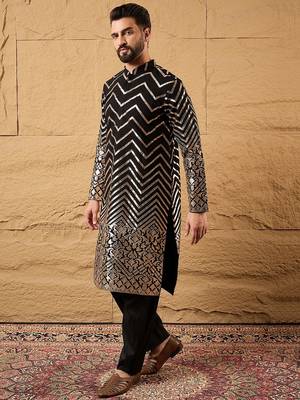 Men black georgette solid embroidered straight kurta with trouser 3