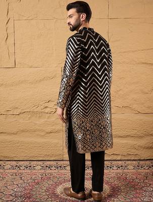 Men black georgette solid embroidered straight kurta with trouser 4