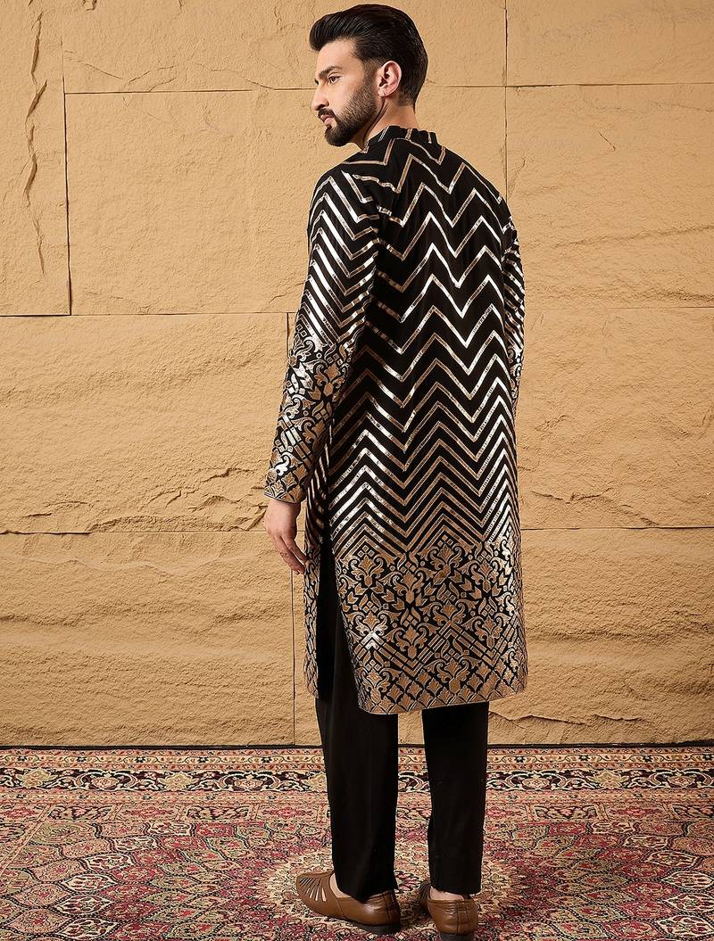 Men black georgette solid embroidered straight kurta with trouser