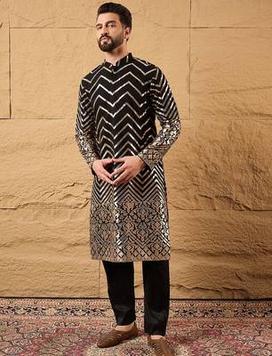 Men black georgette solid embroidered straight kurta with trouser 5