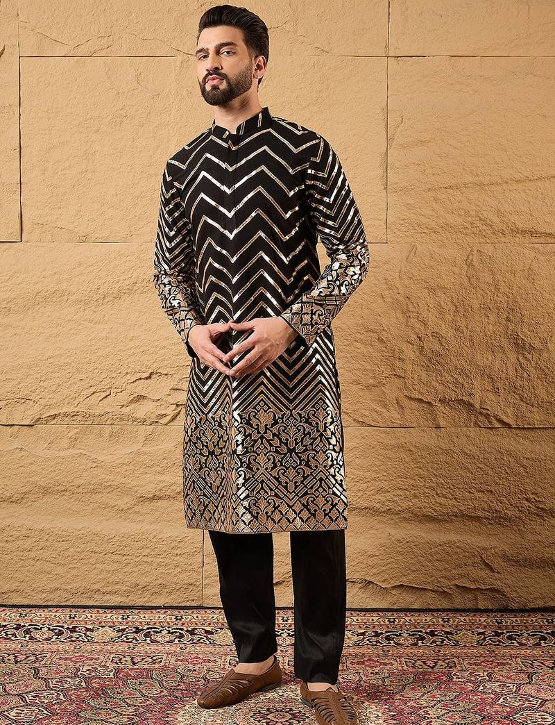 Men black georgette solid embroidered straight kurta with trouser
