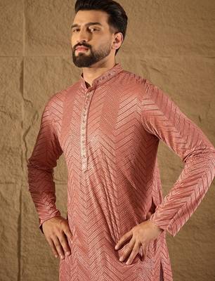Men pink viscose rayon solid embroidered straight kurta with trousers 2