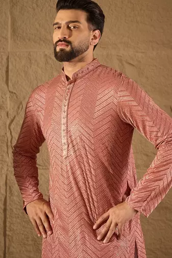 Men pink viscose rayon solid embroidered straight kurta with trousers