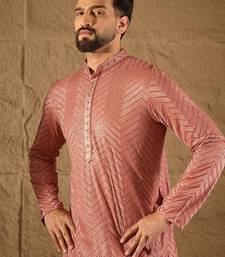Men pink viscose rayon solid embroidered straight kurta with trousers