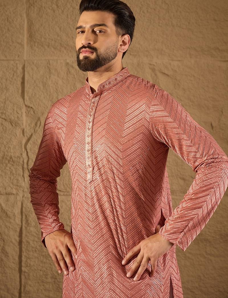 Men pink viscose rayon solid embroidered straight kurta with trousers