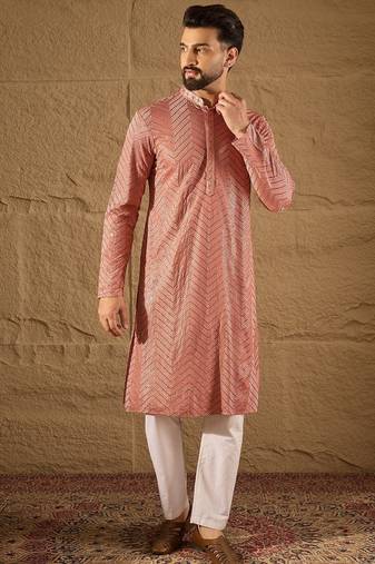 Men pink viscose rayon solid embroidered straight kurta with trousers