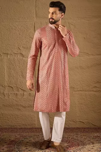 Men pink viscose rayon solid embroidered straight kurta with trousers