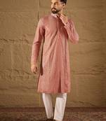 Men pink viscose rayon solid embroidered straight kurta with trousers