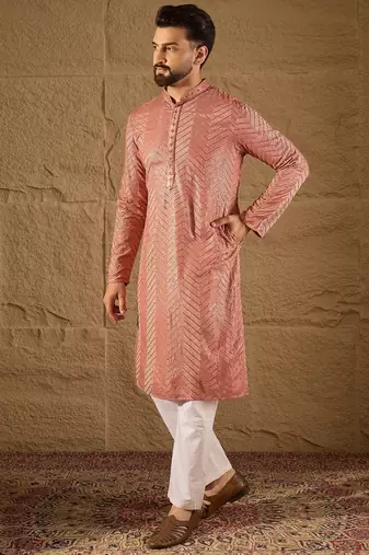 Men pink viscose rayon solid embroidered straight kurta with trousers