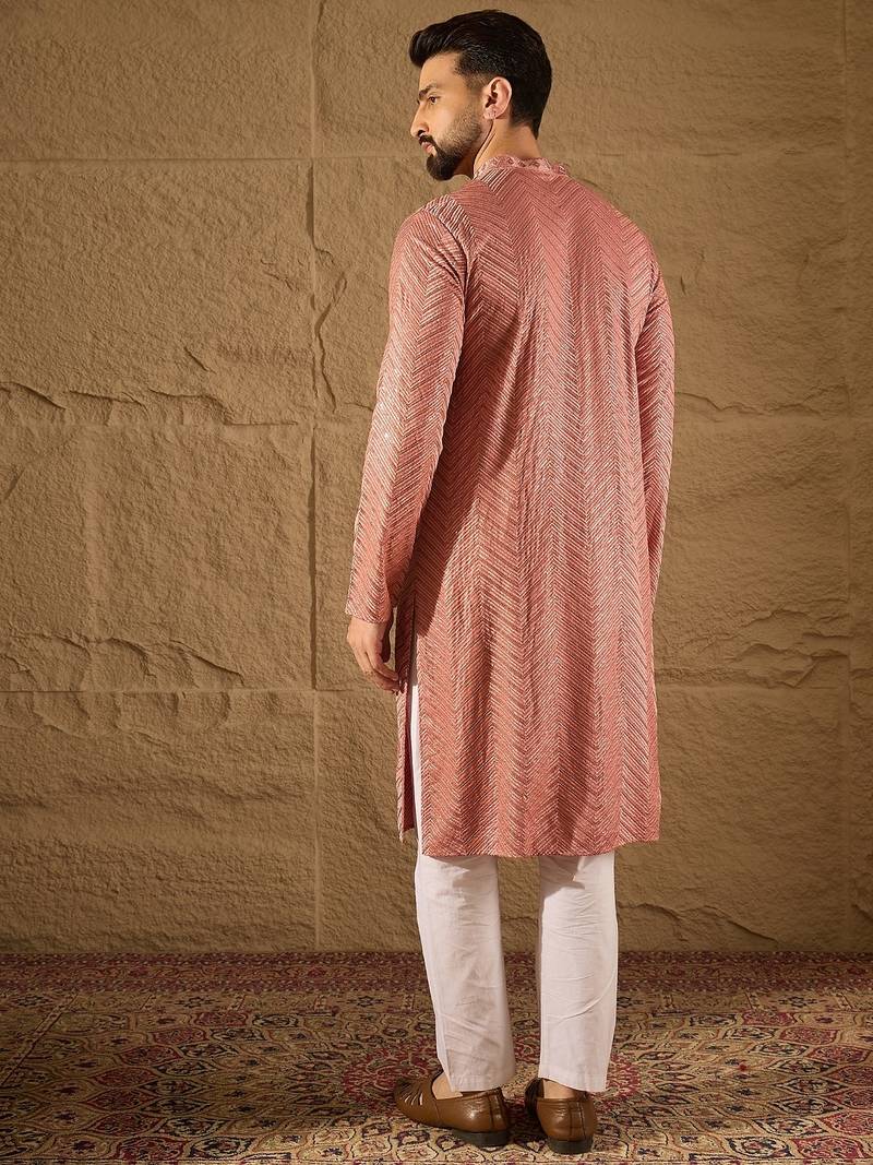 Men pink viscose rayon solid embroidered straight kurta with trousers