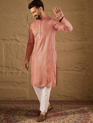 Men pink viscose rayon solid embroidered straight kurta with trousers 5