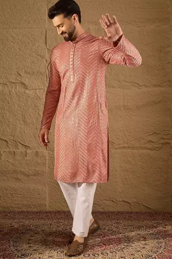 Men pink viscose rayon solid embroidered straight kurta with trousers