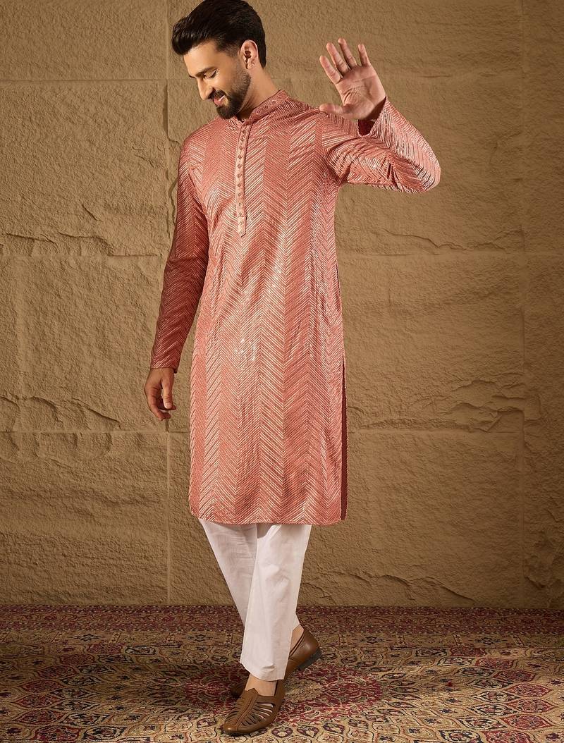 Men pink viscose rayon solid embroidered straight kurta with trousers