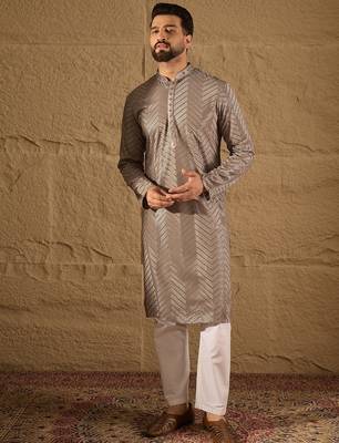 Men grey viscose rayon solid embroidered straight kurta with trousers 1