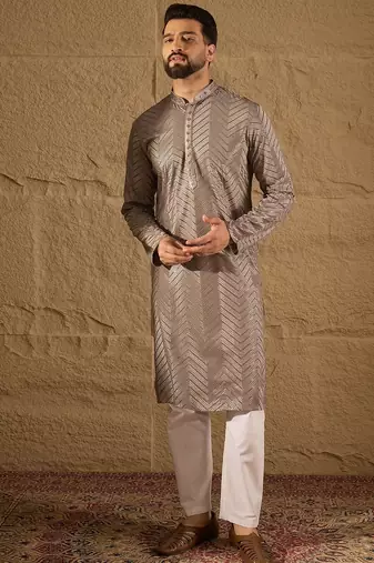 Men grey viscose rayon solid embroidered straight kurta with trousers