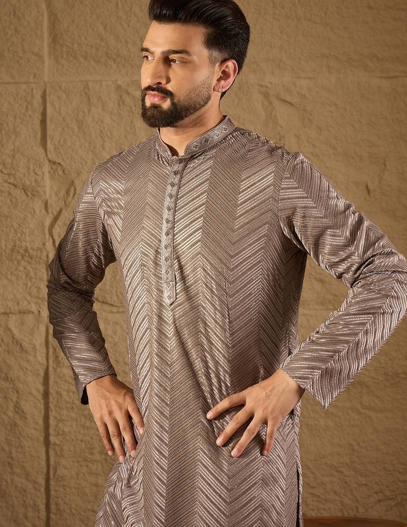 Men grey viscose rayon solid embroidered straight kurta with trousers
