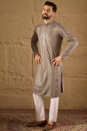 Men grey viscose rayon solid embroidered straight kurta with trousers