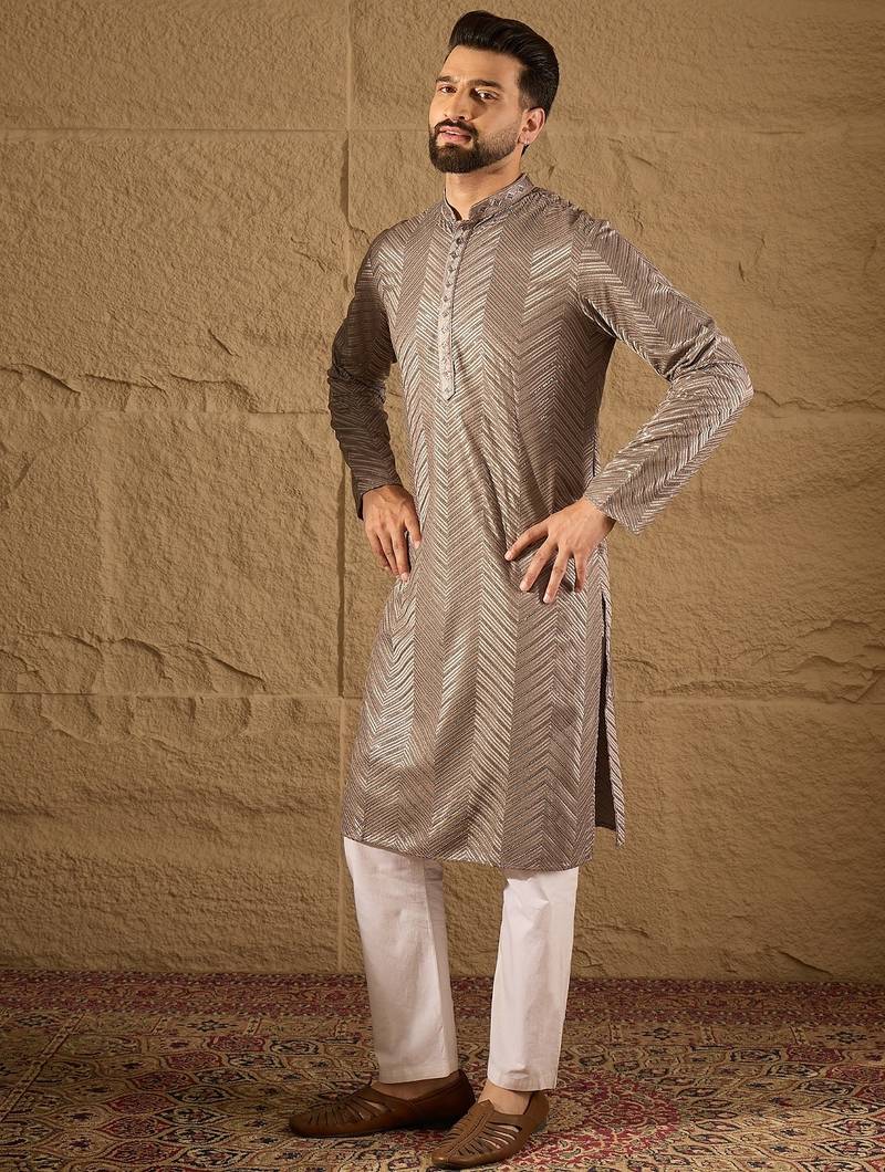 Men grey viscose rayon solid embroidered straight kurta with trousers