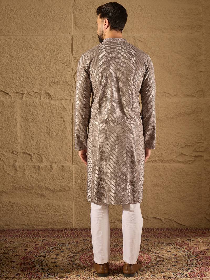 Men grey viscose rayon solid embroidered straight kurta with trousers