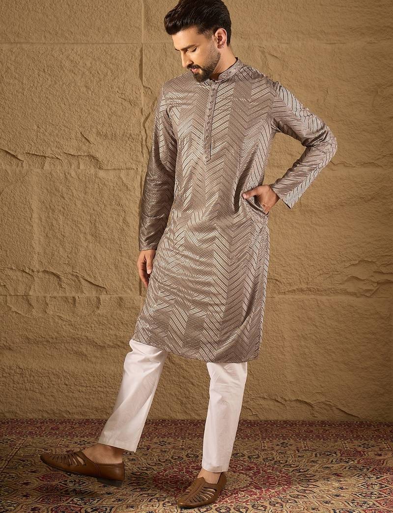 Men grey viscose rayon solid embroidered straight kurta with trousers
