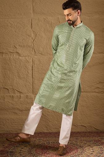 Men green viscose rayon solid embroidered straight kurta with trouser