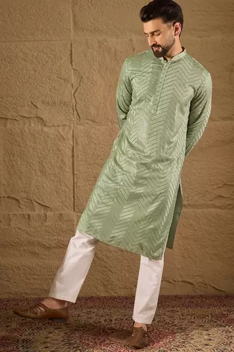Men green viscose rayon solid embroidered straight kurta with trouser