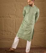 Men green viscose rayon solid embroidered straight kurta with trouser