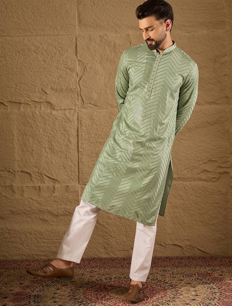 Men green viscose rayon solid embroidered straight kurta with trouser