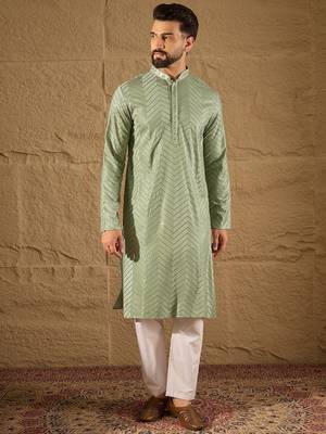 Men green viscose rayon solid embroidered straight kurta with trouser 2