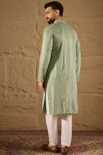 Men green viscose rayon solid embroidered straight kurta with trouser