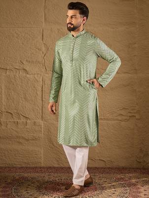 Men green viscose rayon solid embroidered straight kurta with trouser 5